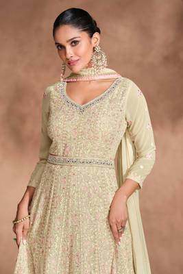 beige embroidered georgette  free size stitched gawn.(size Free size full stitched Up To 42") 2