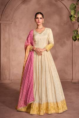 cream embroidered jacquard free size stitched gawn.(size Free size full stitched Up To 42") 1