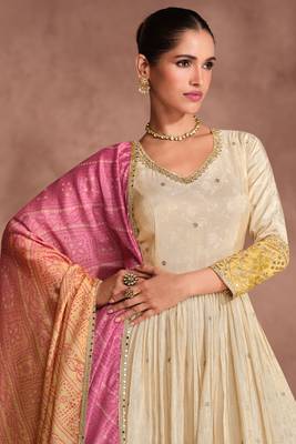 cream embroidered jacquard free size stitched gawn.(size Free size full stitched Up To 42") 2