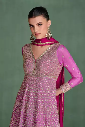 pink embroidered chiffon free size stitched gawn.(size Free size full stitched Up To 42")