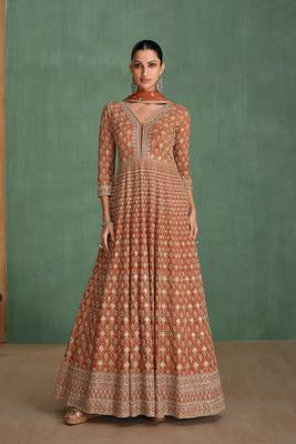 brown embroidered georgette  free size stitched gawn.(size Free size full stitched Up To 42") 1