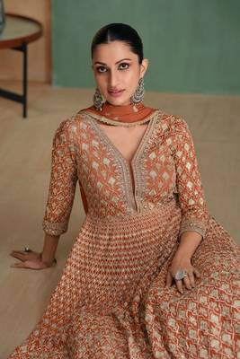 brown embroidered georgette  free size stitched gawn.(size Free size full stitched Up To 42") 2