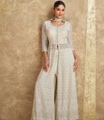 Off-White Georgette Front-Slit Palazzo Suit with Thread Embroidery and Mirror Work(Size Up to 42")