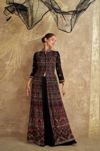 black embroidered georgette  free size stitched palazzo straight.(size Free size full stitched Up To 42")