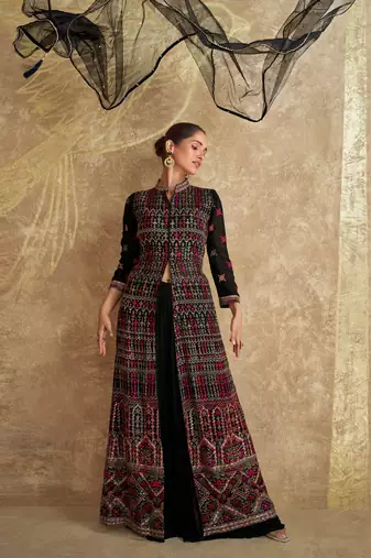 black embroidered georgette  free size stitched palazzo straight.(size Free size full stitched Up To 42")