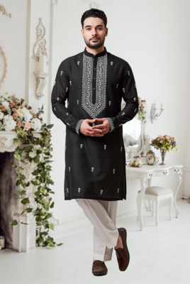 Black art silk embroidered kurta and pajama set 1