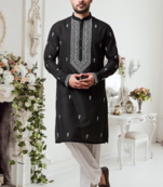 Black art silk embroidered kurta and pajama set