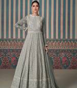 grey embroidered georgette  free size stitched gown.(size Free size full stitched Up To 42")