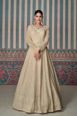 beige embroidered georgette free size stitched gown.(size Free size full stitched Up To 42") 1