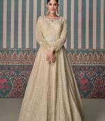 beige embroidered georgette free size stitched gown.(size Free size full stitched Up To 42")