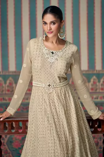 beige embroidered georgette free size stitched gown.(size Free size full stitched Up To 42")