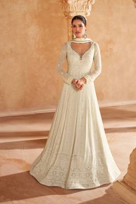 white embroidered georgette  free size stitched gown.(size up to 42") 1