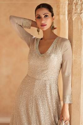 fawn embroidered georgette  free size stitched gown.(size up to 42") 2