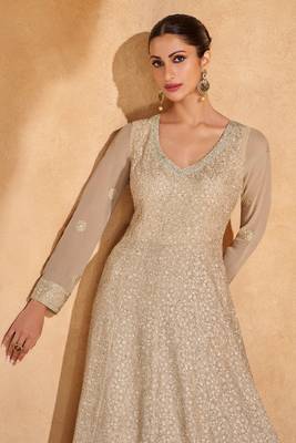 fawn embroidered georgette  free size stitched gown.(size up to 42") 3