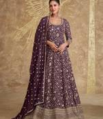 purple embroidered georgette  free size stitched gown.(size Free size full stitched Up To 42")