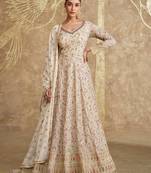 beige embroidered georgette  free size stitched gown.(size Free size full stitched Up To 42")