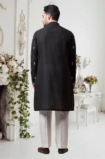 Black art silk embroidered kurta and pajama set