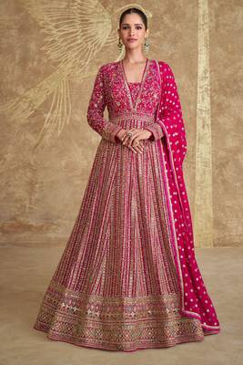 pink embroidered georgette free size stitched gown.(size Free size full stitched Up To 42") 1