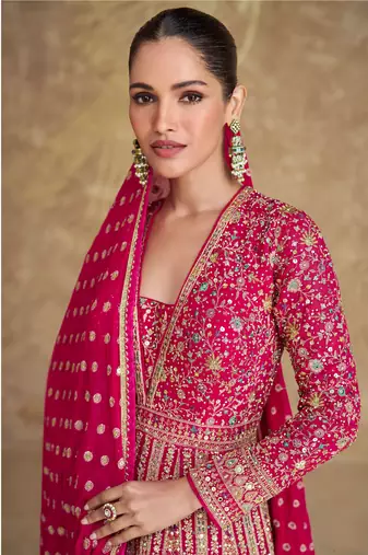 pink embroidered georgette free size stitched gown.(size Free size full stitched Up To 42")