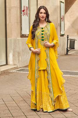 mustard embroidered silk  free size stitched sharara straight.(size up to 42") 1