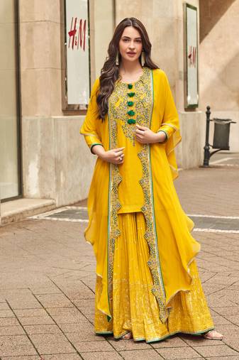 mustard embroidered silk  free size stitched sharara straight.(size up to 42")