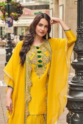 mustard embroidered silk  free size stitched sharara straight.(size up to 42") 2