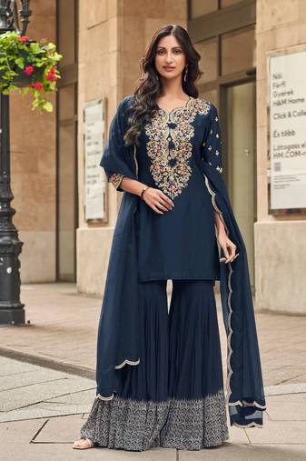 blue embroidered silk  free size stitched sharara straight.(size Free size full stitched Up To 42")