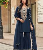 blue embroidered silk free size stitched sharara straight.(size Free size full stitched Up To 42")