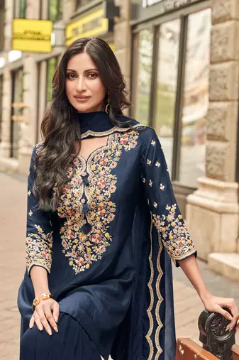 blue embroidered silk free size stitched sharara straight.(size Free size full stitched Up To 42")