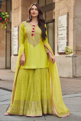 yellow embroidered silk  free size stitched sharara straight.(size Free size full stitched Up To 42") 1