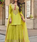yellow embroidered silk  free size stitched sharara straight.(size Free size full stitched Up To 42")