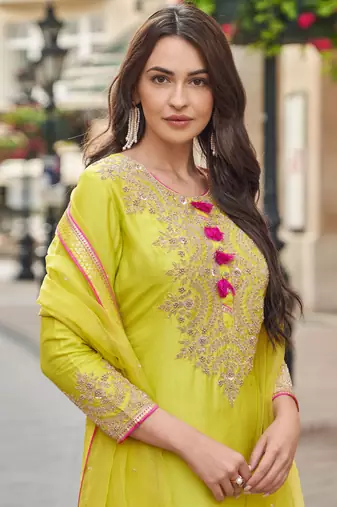 yellow embroidered silk  free size stitched sharara straight.(size Free size full stitched Up To 42")