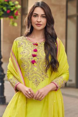yellow embroidered silk  free size stitched sharara straight.(size Free size full stitched Up To 42") 3