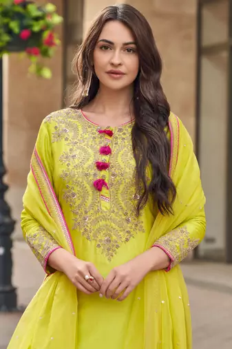 yellow embroidered silk  free size stitched sharara straight.(size Free size full stitched Up To 42")