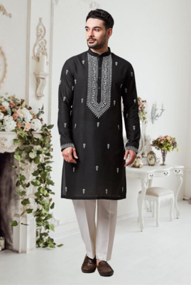 Black art silk embroidered kurta and pajama set 3