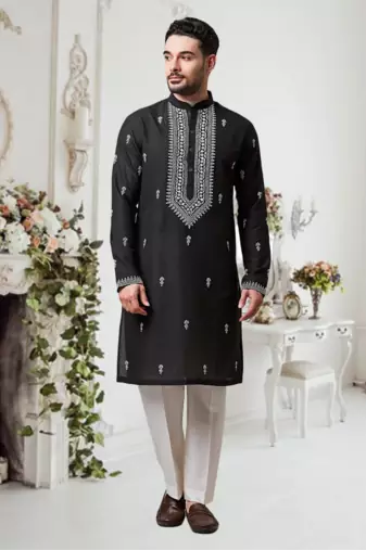 Black art silk embroidered kurta and pajama set