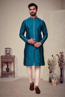 Green art silk plain front zip kurta with pajama 1