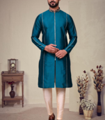 Green art silk plain front zip kurta with pajama