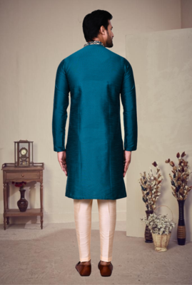 Green art silk plain front zip kurta with pajama 2