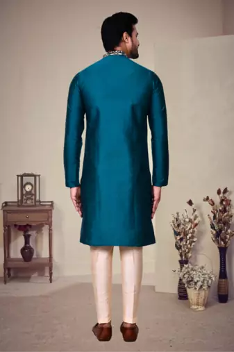Green art silk plain front zip kurta with pajama
