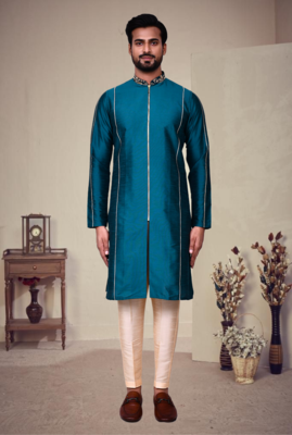 Green art silk plain front zip kurta with pajama 3