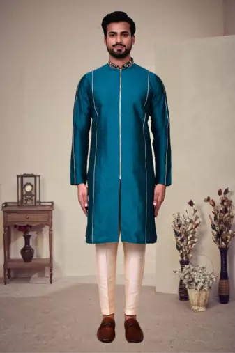 Green art silk plain front zip kurta with pajama