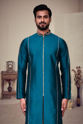 Green art silk plain front zip kurta with pajama 4