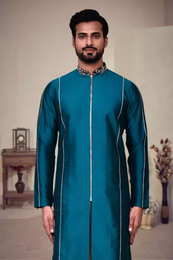 Green art silk plain front zip kurta with pajama