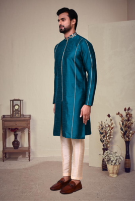 Green art silk plain front zip kurta with pajama 5