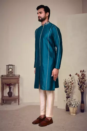Green art silk plain front zip kurta with pajama