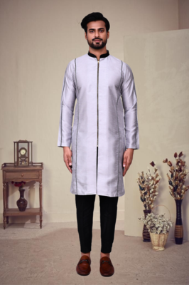 Grey art silk plain front zip kurta with pajama 1