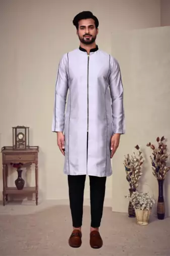 Grey art silk plain front zip kurta with pajama
