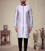 Grey art silk plain front zip kurta with pajama
