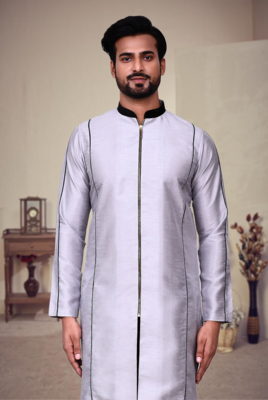Grey art silk plain front zip kurta with pajama 2
